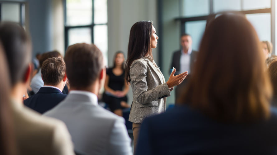 Mujer líder de una organización dando una charla